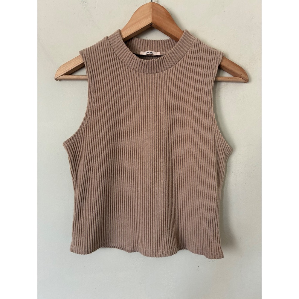 Mi Ami Tan Beige Minimalist Ribbed Mock Neck Sleeveless Knit Top Large
